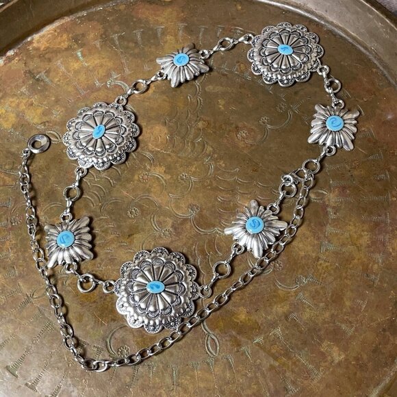 Spring Boho EASTER Gift Southwest Silver Chain belt adjustable 48” Turquoise - Picture 6 of 16